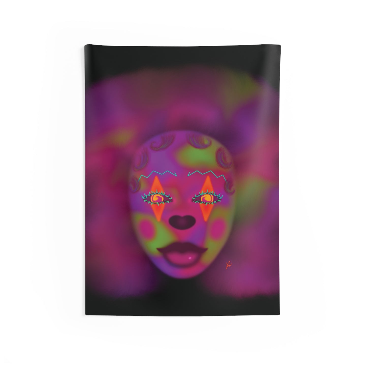 Illusion Clown Mask Tapestry — Neon Surreal Portrait Wall Art