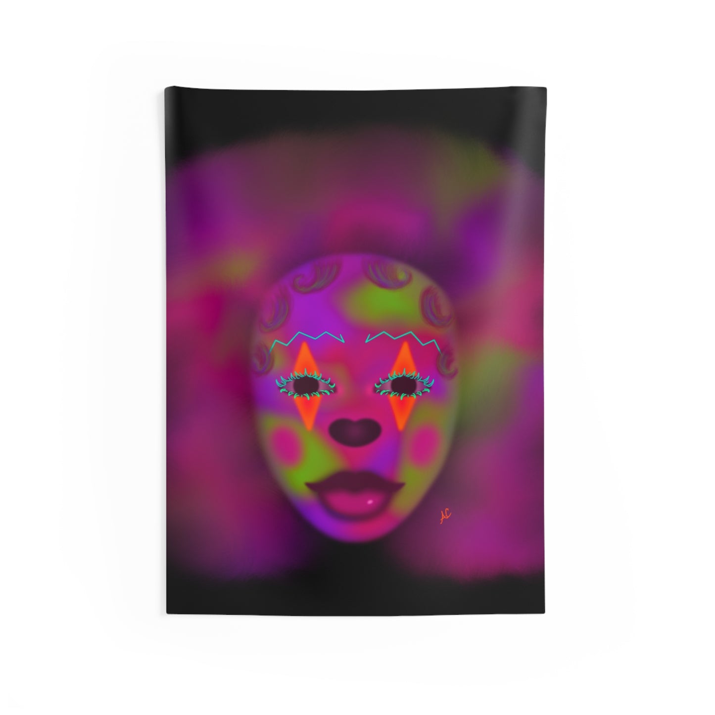 Psychedelic Clown Mask Tapestry — Neon Surreal Portrait Wall Art