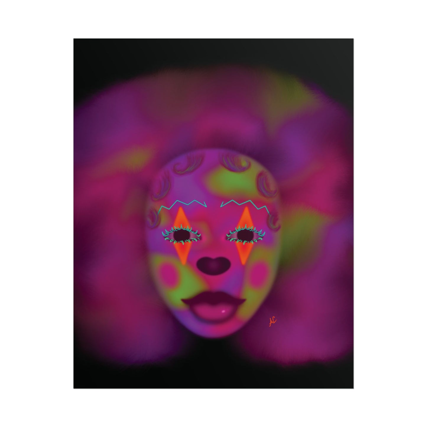 Psychedelic Clown Mask Poster — Neon Surreal Art Print Rolled Poster