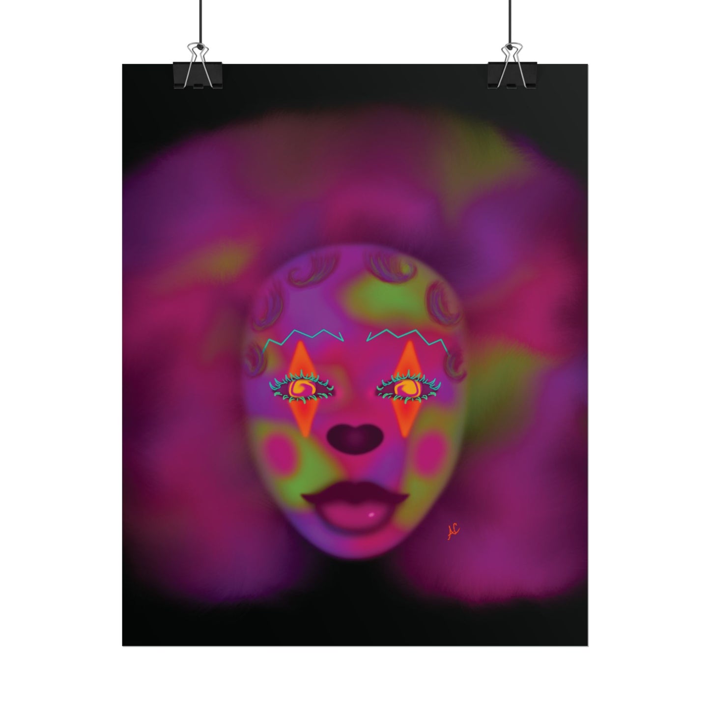 Illusion Clown Mask Poster — Neon Surreal Art Print Rolled Poster